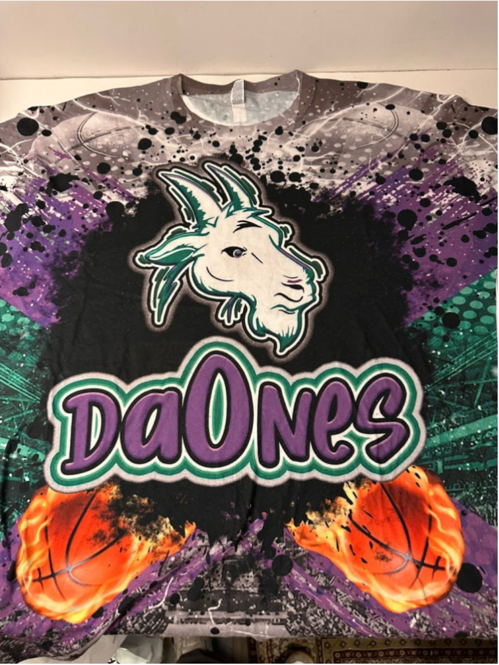Jerzees Da Ones Goat Basketball Shirt Mens Large All Over Print Flaming Basketba